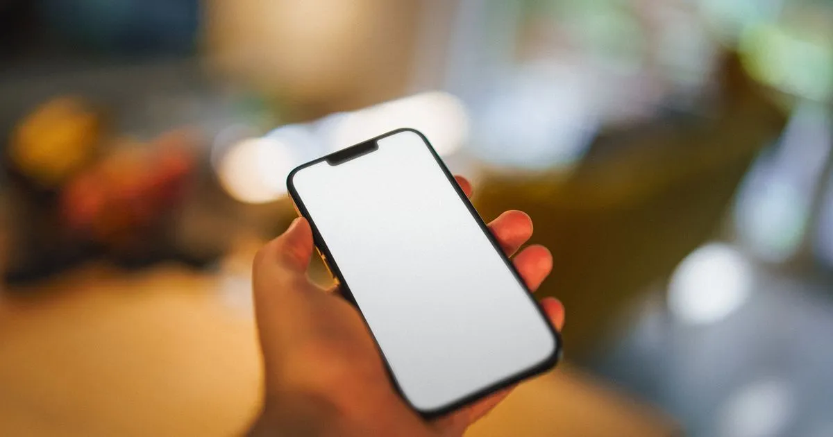 白く光る画面のスマートフォンを手に持っている手元